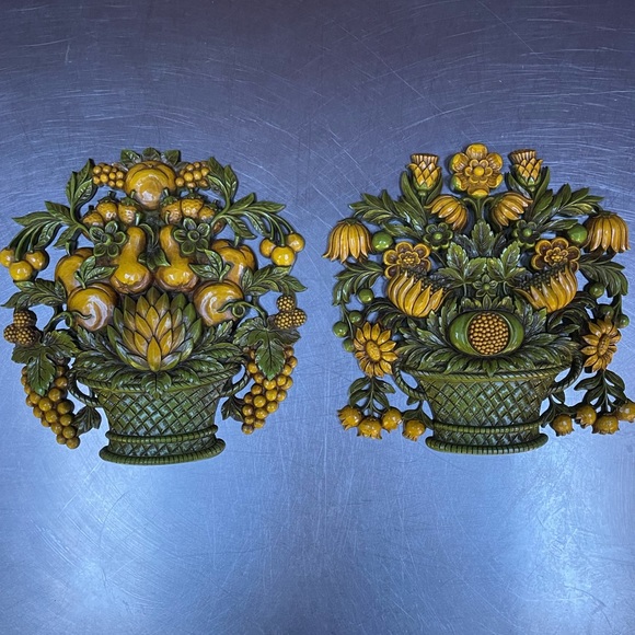Set of 2 Vintage Homco Plastic Fruit Basket Wall Hanging